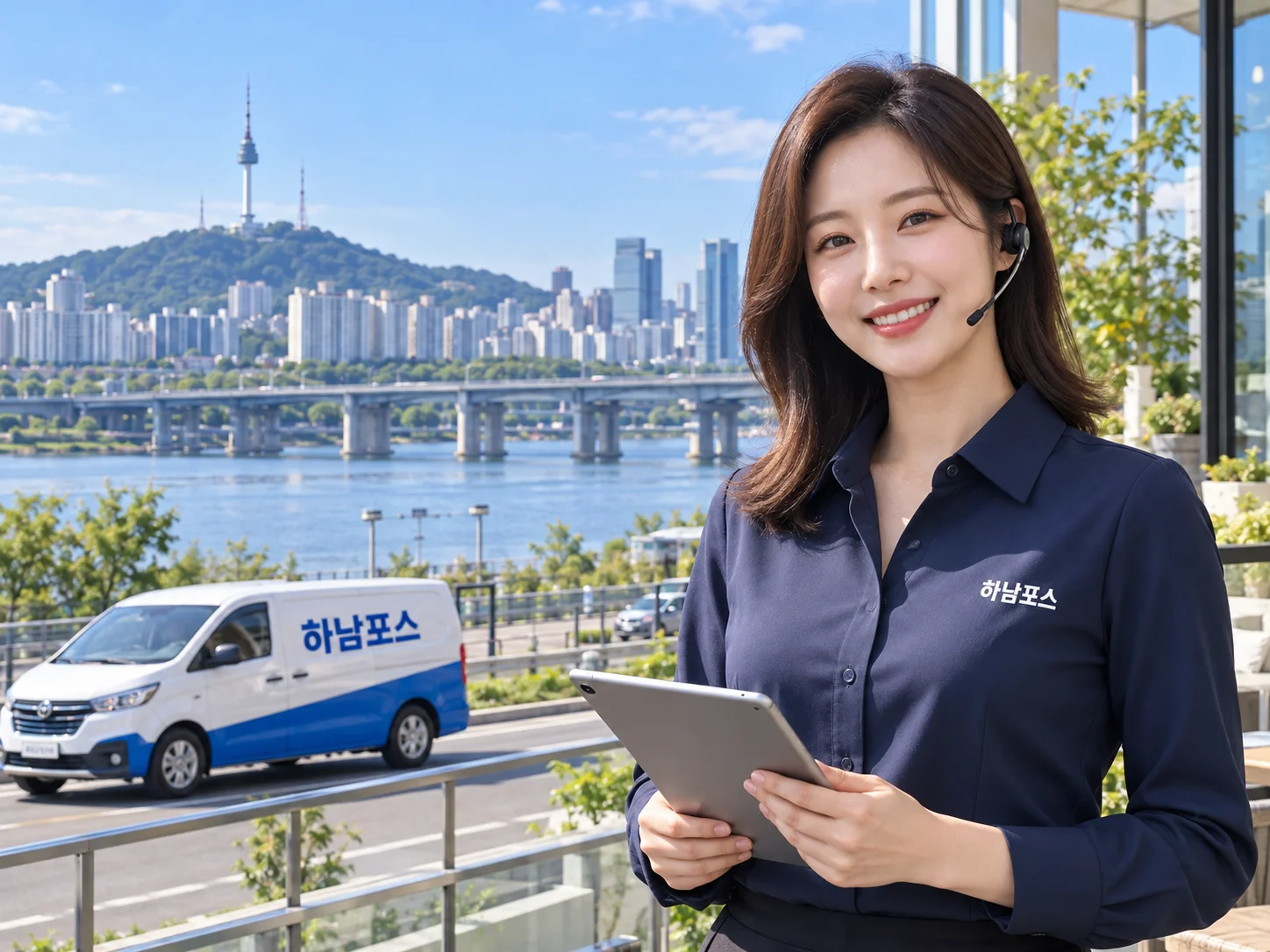 친절한 여성 상담사 뒤로 서울 한강, 하남포스 밴과 멀리 남산타워가 보이는 서비스 연출 이미지.